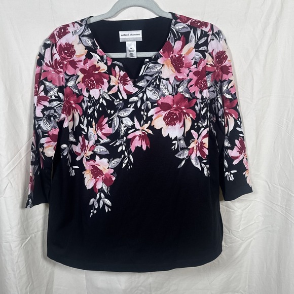 Alfred Dunner Petite Medium Floral Black Studded Bling - Picture 1 of 8